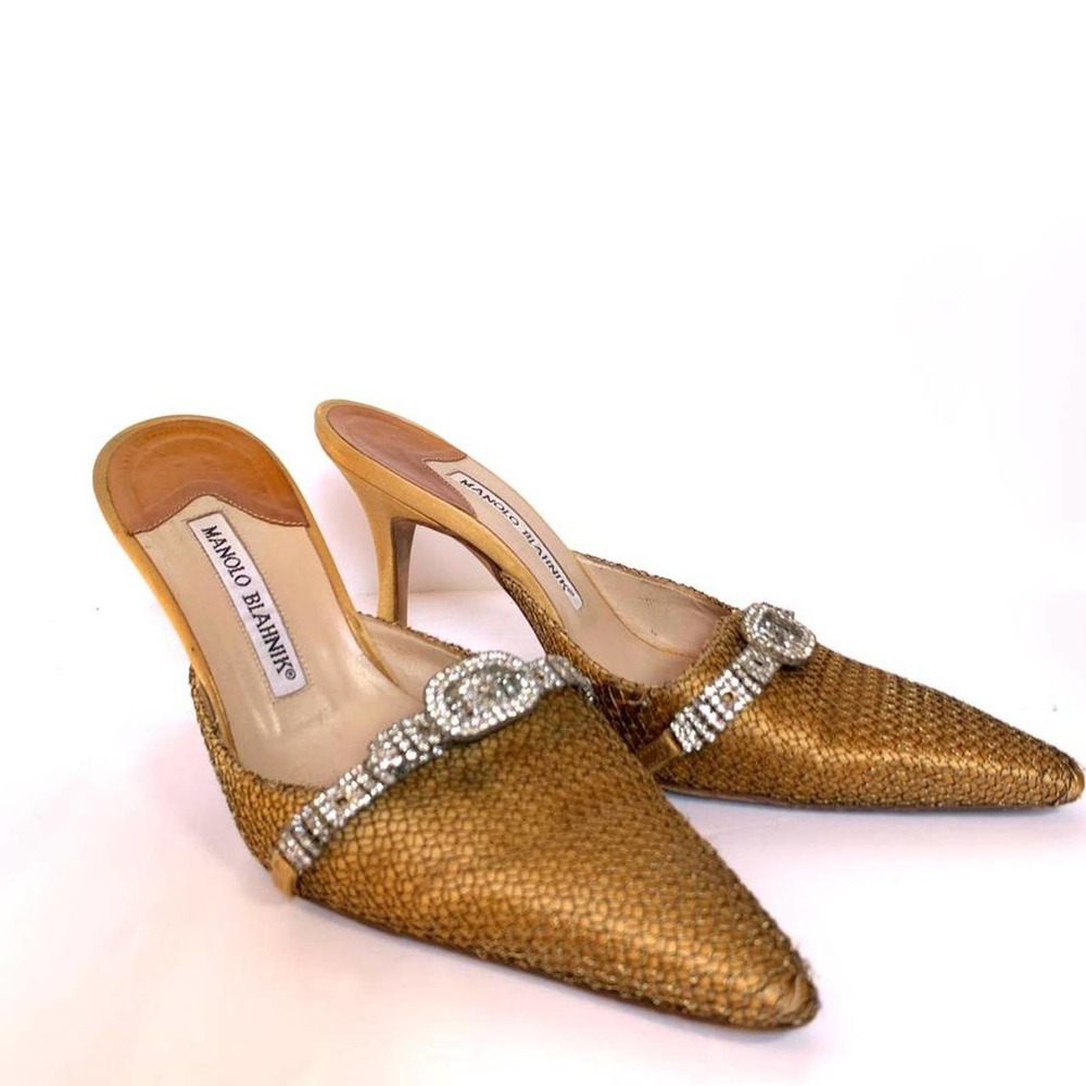 Authentic Manolo Blahnik Gold with Diamond Belt Pointed Kitten Heels Size 36